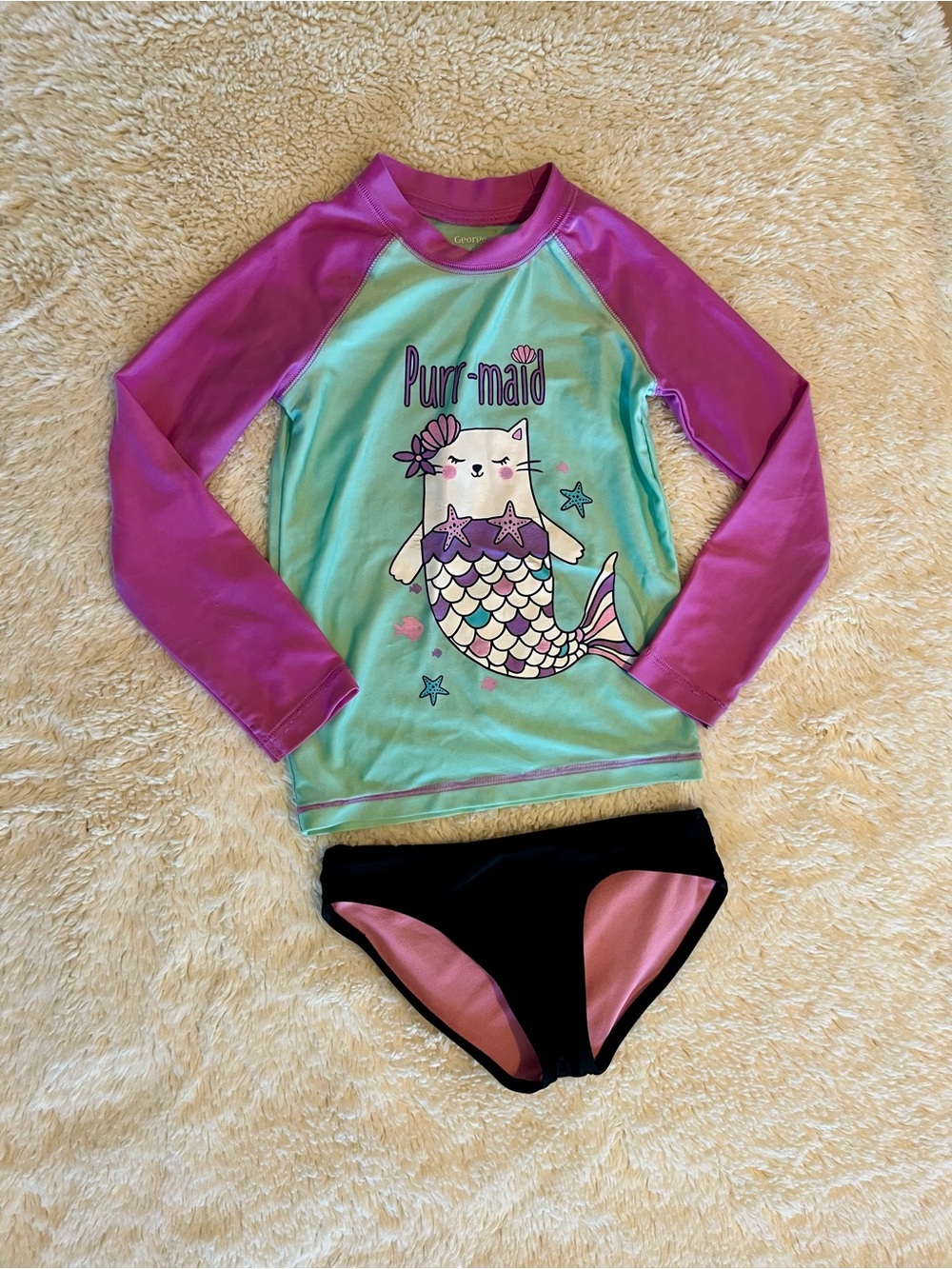 Kids' Purple & Aqua 'Purr-maid' Rash Guard Swim Set Sz 4/5